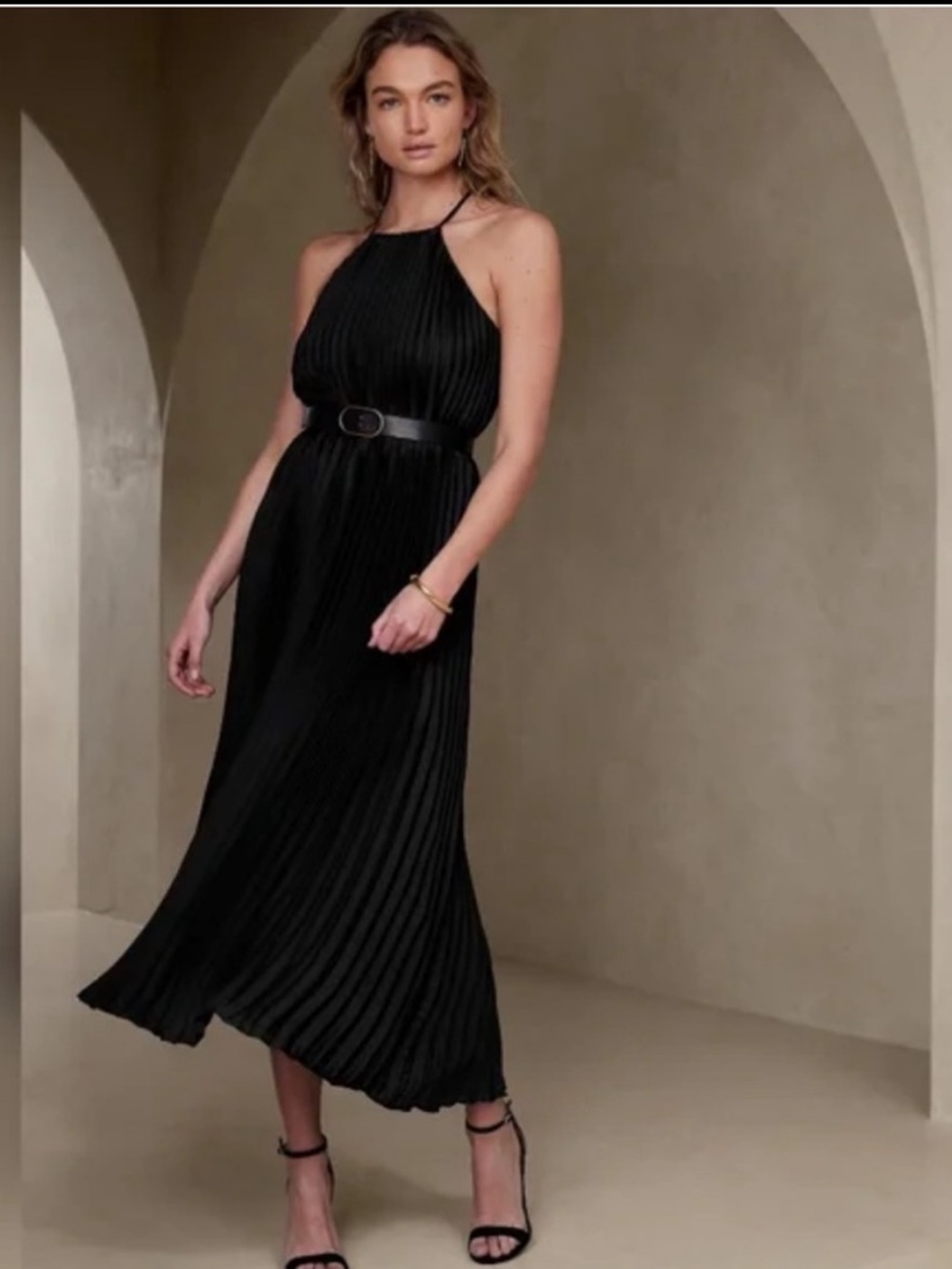 Banana Republic Elegant Black Pleated Halter Maxi Dress